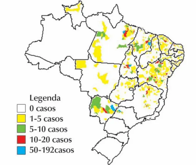 Figura 1: Distribuição dos casos de leishmaniose visceral autótctone segundo  município, em 2002