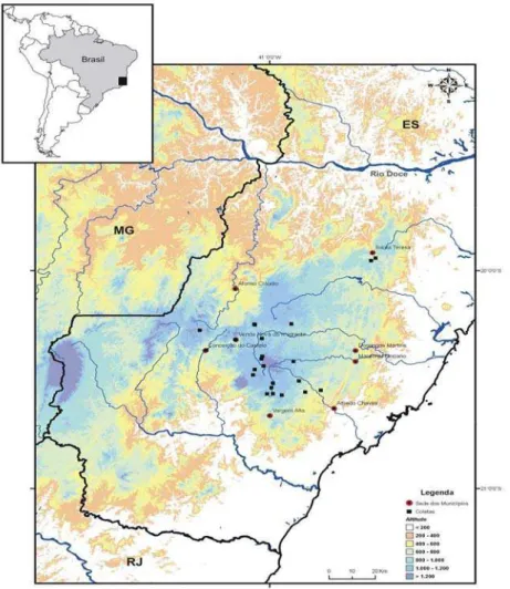 Figura 2 –    Distribuição geográfica das 23 localidades onde foram coletadas as amostras de  Melipona capixaba  analisadas no presente estudo