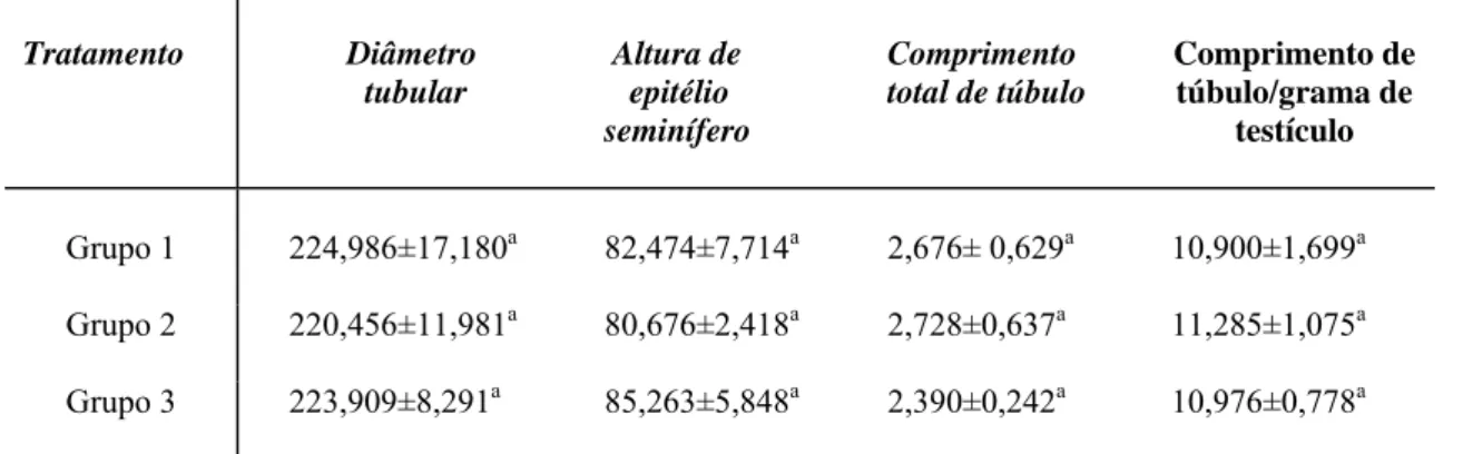 Tabela III: Diâmetro tubular (µm), altura do epitélio seminífero (µm), comprimento total dos  túbulos seminíferos (m) e comprimento dos túbulos por grama de testículo (m/g) de  camundongos adultos, após tratamento com extrato aquoso da raiz de Ouratea semi