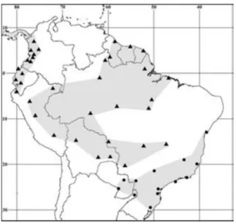 Figura 1.1 - Localidades extremas da distribuição geográfica de Philander opossum ▲ e Philander  frenatus ● na América do Sul