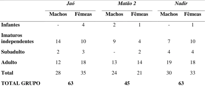 Tabela 1: Composição sexo-etária dos muriquis ( Brachyteles hypoxanthus ) dos grupos  Jaó,  Matão  2  e  Nadir,  presentes  na  RPPN  Feliciano  Miguel  Abdala-MG,  Brasil,  ao  final  do  estudo em jul-2008