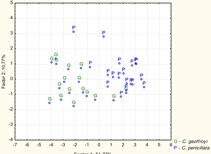 FIGURE  1:    Graphic  distribution  of  factor  scores  -  Factor  1  and  Factor  2  representation of principal components analysis comparing  C