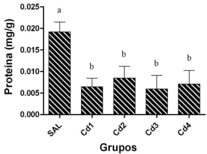 Figura 5. Quantidade de proteínas totais em miligramas por grama de tecido hepático de  ratos  Wistar,  sendo  SAL  os  animais  do  controle  que  receberam  salina  IP
