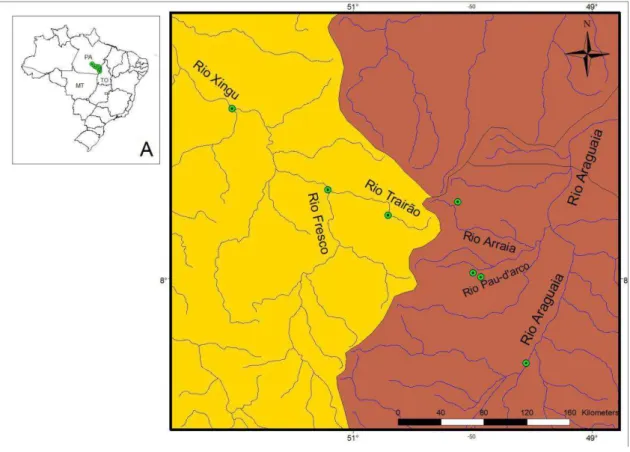 Figura 3. Mapa dos pontos de coletas nas bacias do Araguaia e do Xingu. 