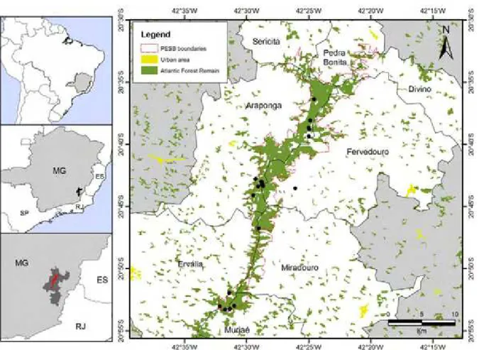 Figura 1. Localidades amostradas no Parque Estadual da Serra do Brigadeiro e entorno, nos municípios de 