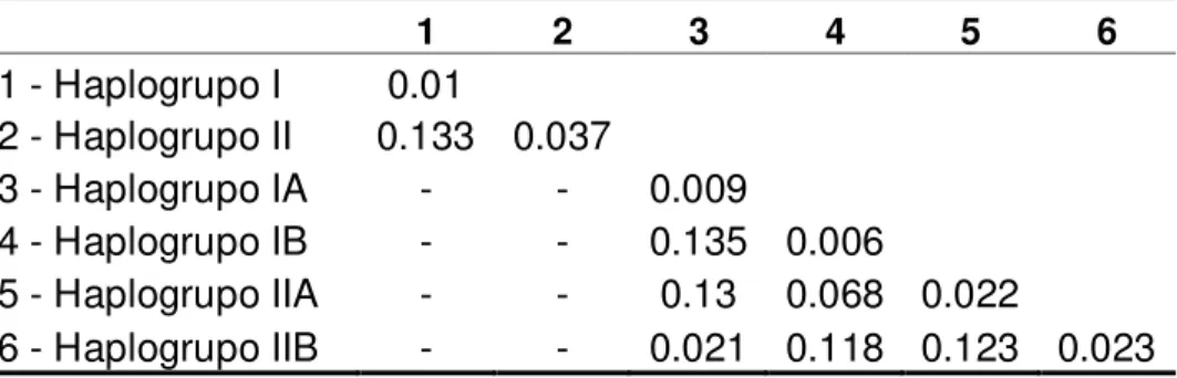 Tabela  3  –  Distância  molecular  entre  (eixo  diagonal)  e  dentro  (matriz  inferior)  dos  haplogrupos  de 