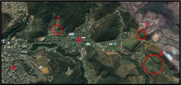 Figura 1 - Vista aérea parcial do Município de Viçosa (A) e Campus da  UFV (B), Minas Gerais, Brasil, destacando: 1 - Lagoa da  fruticultura; 2 - Lagoa da genética; 3 - Setor de piscicultura