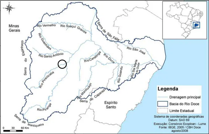 Figura 1. Bacia do rio Doce. Círculo representa os pontos de coleta. 