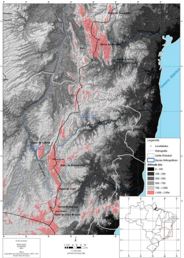 Figura 1. Cadeia do Espinhaço, nos estados de Minas Gerais e Bahia, Brasil, com  a localização da Serra do Ouro Branco ao sul