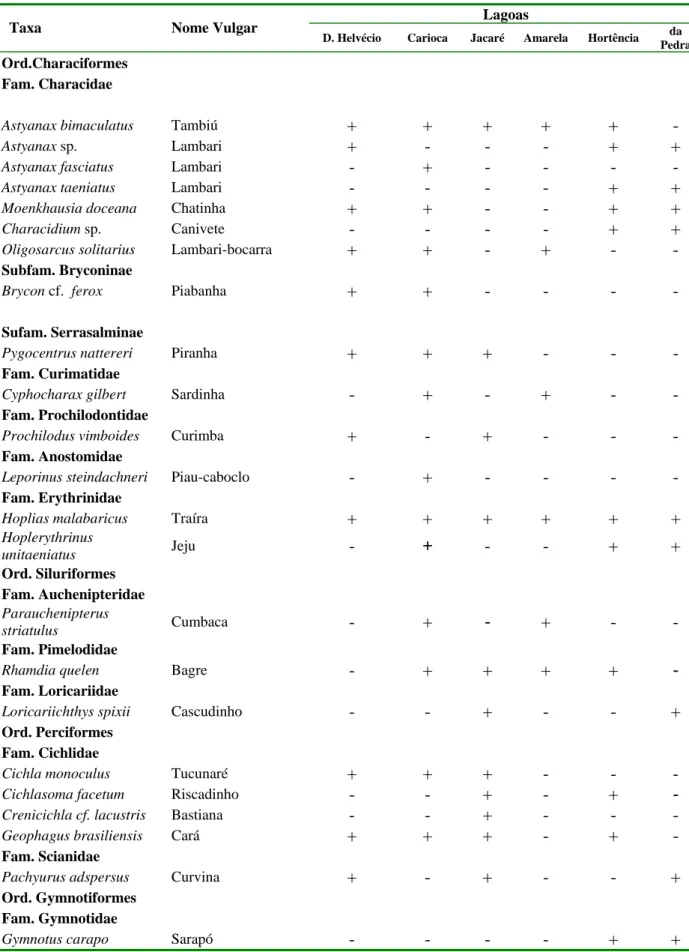 Tabela 1. Lista das espécies de peixes das lagoas do médio rio Doce. Modificado de Sunaga e  Verani (1983) e Vono e Barbosa (2001)