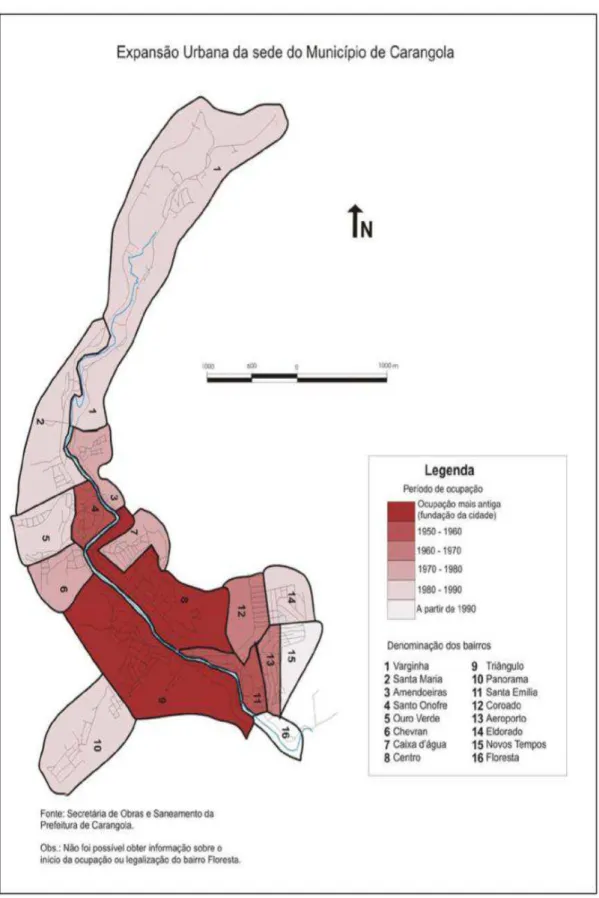 Figura 8  – Delimitação dos bairros da área urbana de Carangola (MG). 