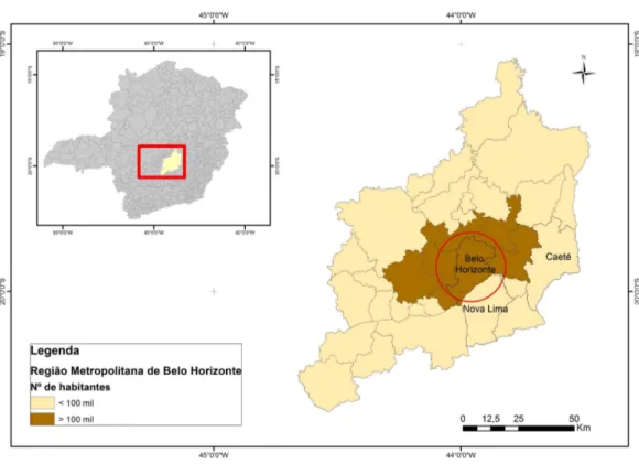 Figura 1: RMBH e municípios com menos de 100 mil habitantes, destacando-se os municípios de  Caeté e Nova Lima