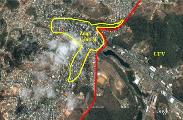 Figura 7. Limite entre a zona central e a UFV. Fonte: Google Earth 2011 (modificada pela autora)