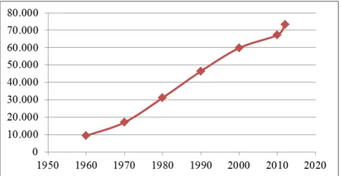 Figura 8. Crescimento da população urbana emViçosa-MG desde a década de 1960 a 2012.   Fonte: Instituto Brasileiro de Geografia e Estatística  – IBGE