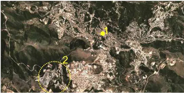 Figura 12: Foto aérea da cidade com a localização da Praça Tiradentes (1) e do bairro 