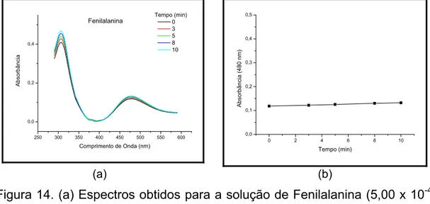 Figura 14. (a) Espectros obtidos para a solução de Fenilalanina (5,00 x 10 -4 mol L -1 ) em diferentes tempos de leitura; (b) Variação do valor  absorbância em 480 nm para a solução de Fenilalanina  (5,00 x 10 -4  mol L -1 ) no intervalo de 0 a 10 min