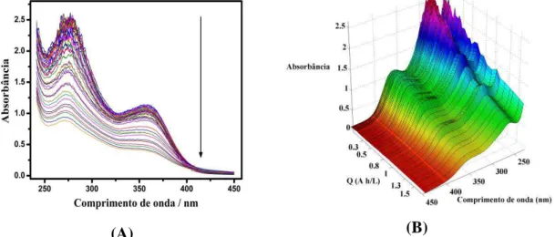 Figura  2.8.  Espectros  de  absorbância  obtidos  a  partir  das  amostras  retiradas  durante a eletrodegradação da solução de mistura dos fármacos  OXI, DIC e CLO