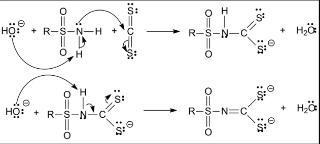 Figura 1.17 – Provável mecanismo para obtenção de ditiocarbimatos partindo-se de  sulfonamidas
