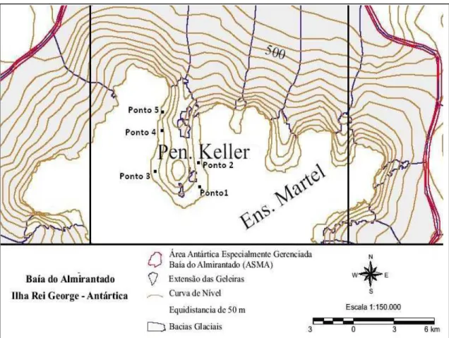 Figura 1 – Localização da Península Keller com destaque para os pontos de coleta de  solos