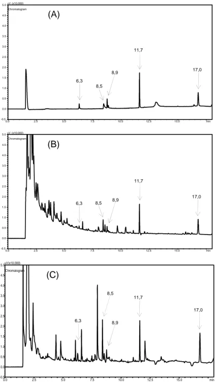 Figura 13. (A) Cromatograma da solução-padrão dos agrotóxicos atrazina e 