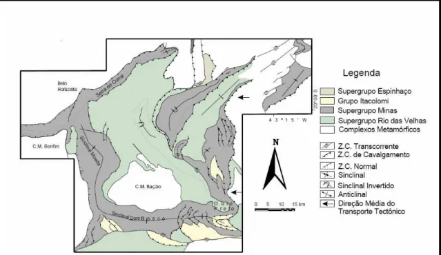 Figura 5: Mapa geológico-estrutural do Quadrilátero Ferrífero. Fonte: Silva e  Gomes, 2001