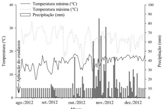 Figura 6.  Precipitação pluviométrica  (mm), temperatura mínima e  máxima (ºC)  diária 