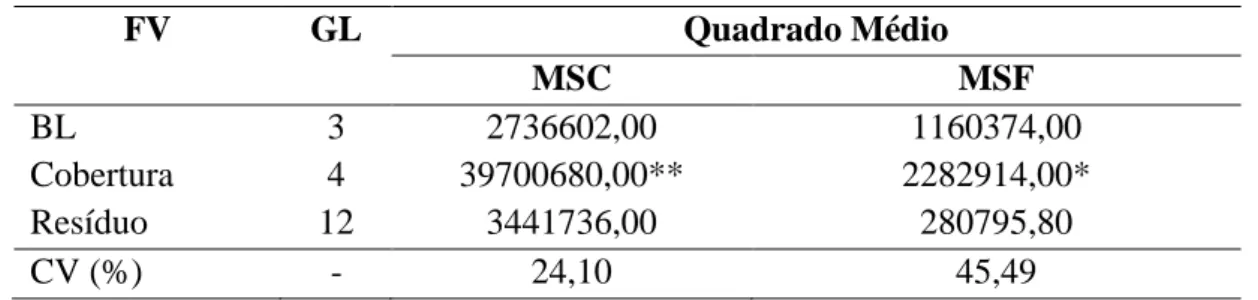 Tabela 3- Resumo da análise de variância dos dados de massa seca das plantas de cobertura  (MSC) e massa seca do feijão-de-porco (MSF)