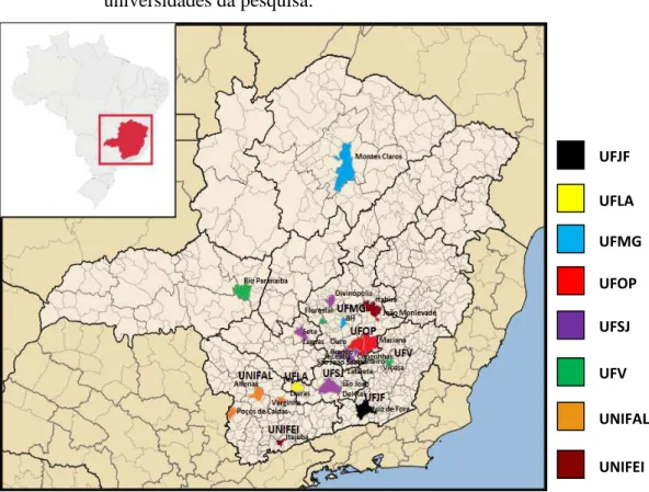 Figura  5  -  Mapa  de  Minas  Gerais  com  destaque  para    os  municípios  das  universidades da pesquisa