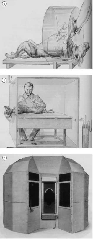 Figura 1 - Aparatos desenvolvidos por Sauerbruch para  cirurgia de tórax em sala hipobárica: a) aparato de pressão  negativa experimental; b) cirurgião no interior de câmara  hipobárica; e c) anteparo para criação de sala hipobárica.