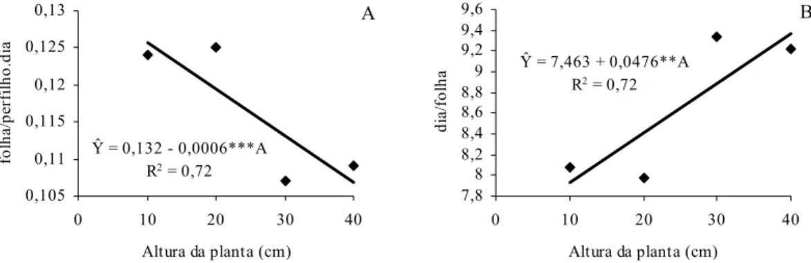 Figura 11 – Taxa de aparecimento foliar (A) e filocrono (B) de  B. decumbens  cv.  Basilisk em função da altura (A) da planta no mesmo pasto  durante 