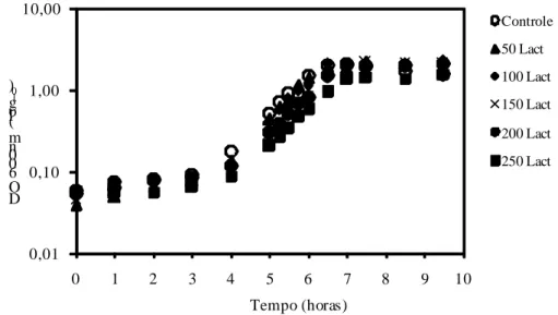 Figura 2 – Crescimento de cultura mista de bactérias ruminais em diferentes  concentrações de ácido láctico no meio, expresso na forma logaritmo  da DO600nm