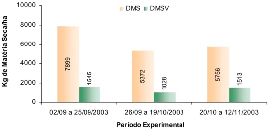 Figura 3 -  Médias das estimativas de disponibilidades de matéria seca  (DMS) e matéria seca verde (DMSV), em kg de matéria seca/ha,  em função dos períodos experimentais