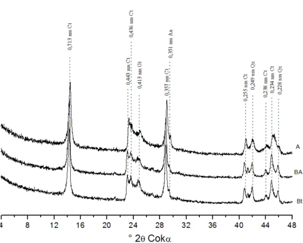 Figura  10  – Difratogramas de raios-X da fração argila, dos horizontes A, BA e Bt do  Argissolo  Amarelo,  natural  e  sem  orientação