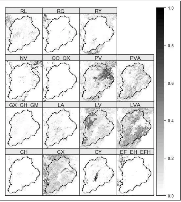 Figura  5  – Mapas de probabilidade de ocorrência das classes de solos pelo método  MLR
