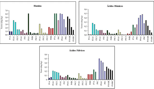 Figura 6 - Comportamento das substâncias húmicas nos perfis de solos estudados 