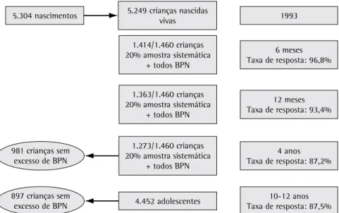 Figura 1 - Fluxograma da coorte de nascimento, 1993-2004, Pelotas (RS) Brasil. BPN: baixo peso ao nascer.