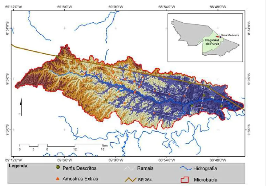 Figura 1. Localização e pontos de coleta de solos (perfis) e amostras extras na microbacia do Igarapé Xiburema, Sena Madureira, Acre