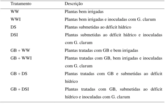 Tabela 1. Descrição dos tratamentos hídricos aplicados em plantas de J. curcas após 60  dias da inoculação das plantas com o Glomus clarum 