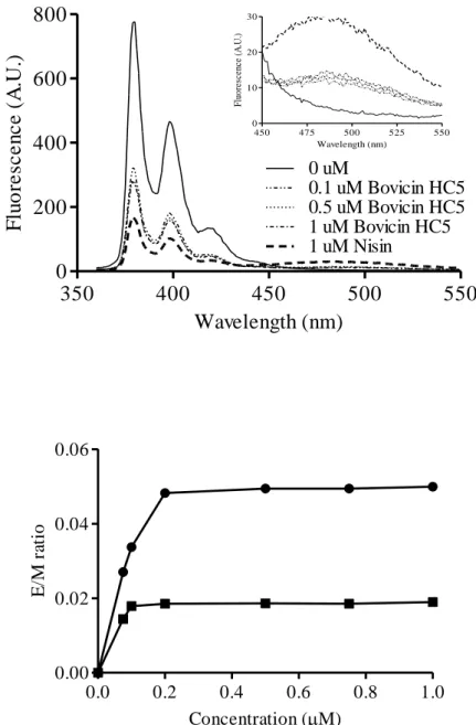 Figure  7:  (A)  Fluorescence  spectra  of  pyrene  labeled  Lipid  II  (0.5  mol  %)  in  DOPC 