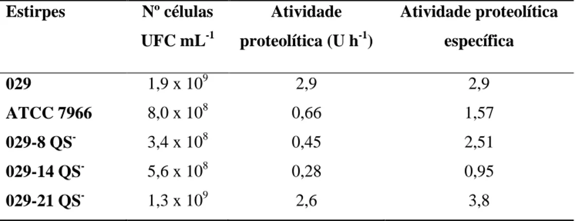 Tabela 5  – Número de células e quantificação da atividade proteolítica de culturas  de A