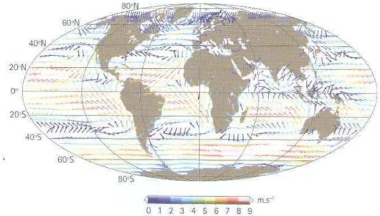 Figura  1.1  –  Configuração  média  anual  do  vento  sobre  a  superfície  dos  oceanos,  obtidas  com  base  em  dados  de  escaterômetro  Quikscat, entre 1999 e 2004