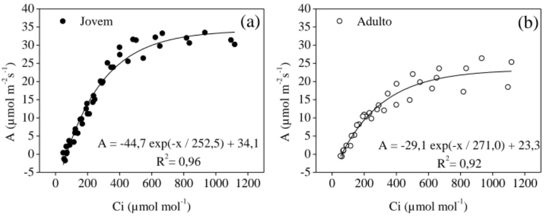 Figura 9. Regressão das curvas A/CI em plantios de eucalipto jovens (a) e adultos (b)  avaliados em época de bom suprimento hídrico