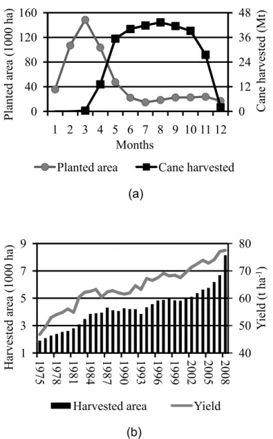Figure 1 – São Paulo state (Brazil) monthly sugarcane planted area (thousands  of hectares – k ha) and harvested cane (millions of tons – Mt) for the  2007%08 crop season (a); Brazilian sugarcane harvest area (millions  of hectares) and average yield (t ha