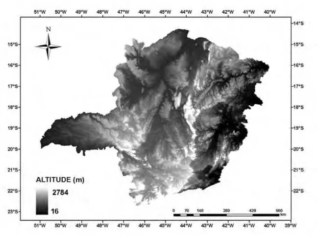 Figura 9 $ Modelo digital de elevação (MDE) para o Estado de Minas Gerais. 