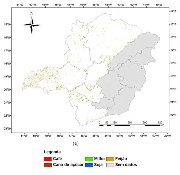 Figura 15 $ Mapa de uso e ocupação do solo pelas culturas café (a), cana$de$açúcar  (b), milho (c), soja (d) e feijão (e) para o ano de 1990