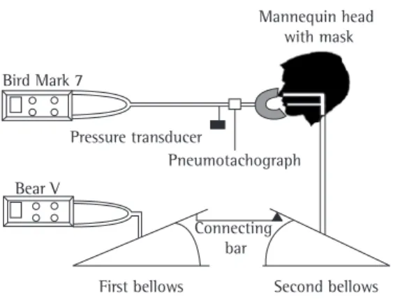 Figure  1  -  Illustration  of  the  experimental  model  with  the  Bird  Mark  7  and  the  Bear  V  (mechanical  ventilator  used to simulate the inspiratory pressure)