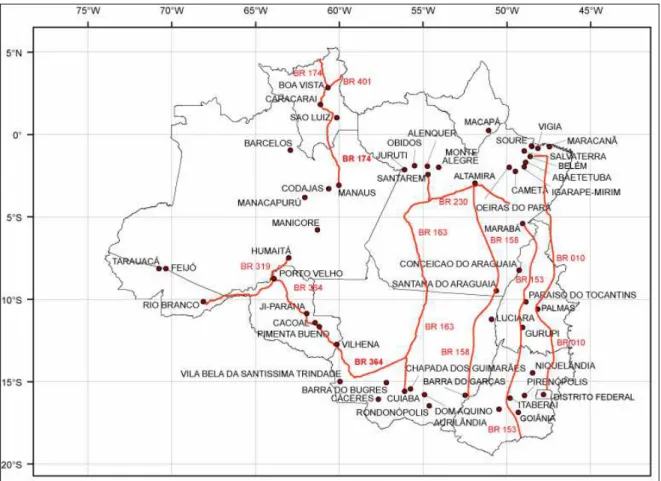 Figura 5. Localização das principais rodovias da Amazônia e das cidades citadas no texto