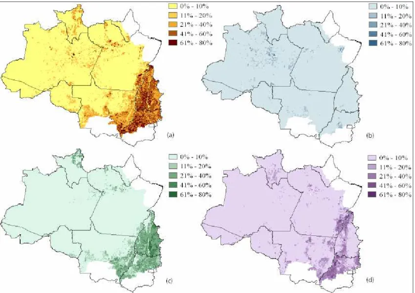 Figura 12 - Uso da terra agrícola na Amazônia em 1985 (AMZ-C-1985). (a) uso da terra total, (b) culturas  agrícolas, (c) pastagem natural e (d) pastagem plantada