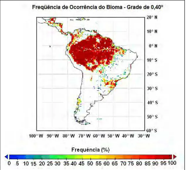 Figura 16. Mapa da freqüência de ocorrência do bioma de floresta tropical em cada pixel  de 0,40º para a América do Sul