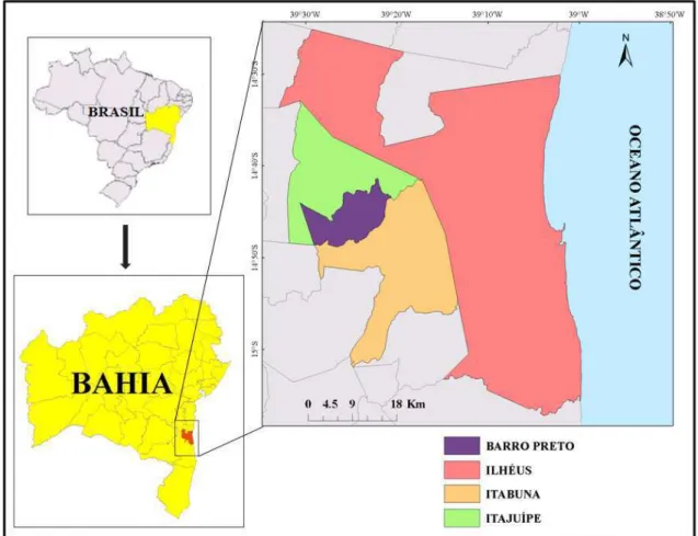 Figura 1. Localização dos municípios de Barro Preto, Ilhéus, Itabuna e Itajuípe, situados  na Região Litoral Sul do Estado da Bahia